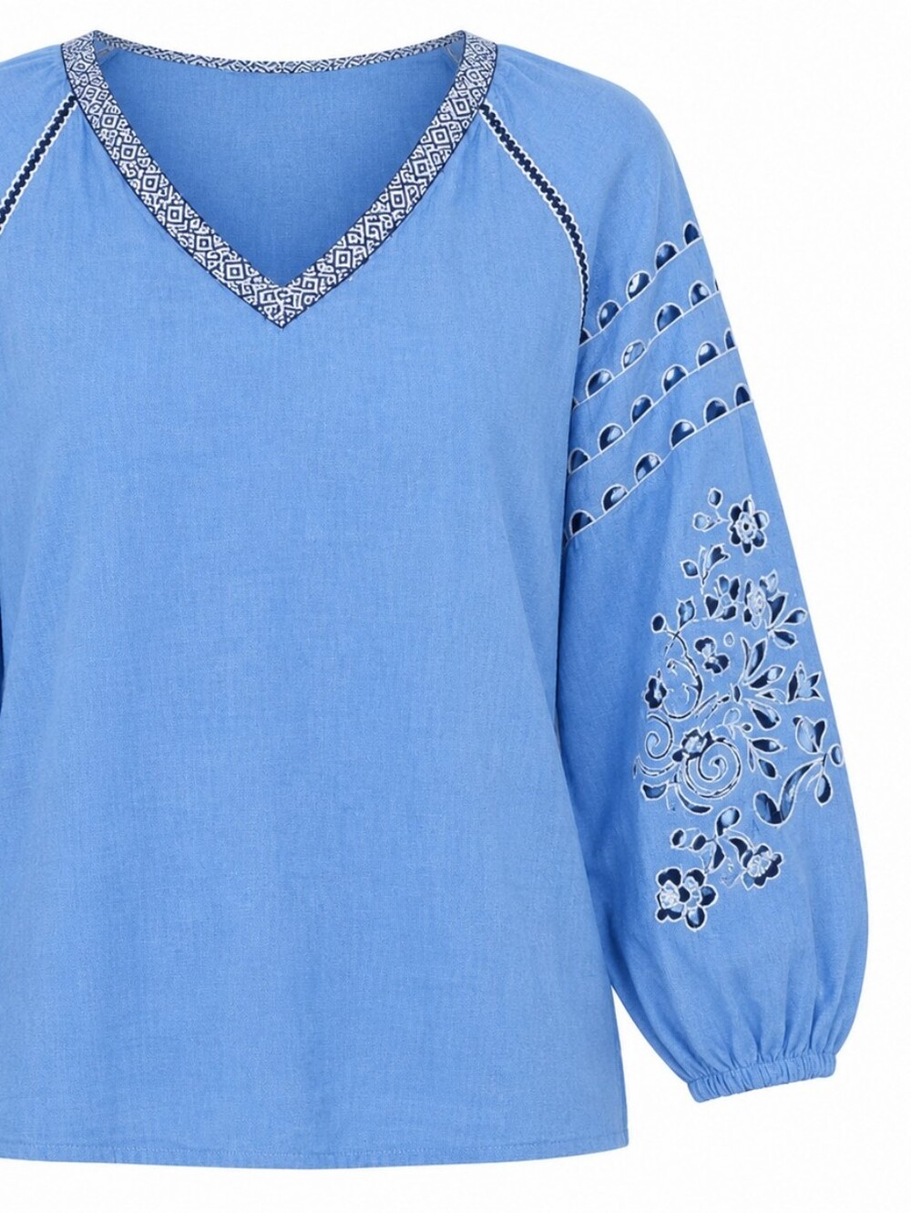 RD & KOKIO | Blue Chambray Embroidered V-Neck Balloon‎ Sleeve Boxy Blouse | 1X